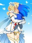  1boy 1girl bare_shoulders black_gloves blonde_hair blush closed_eyes dress fingerless_gloves flower genshin_impact gloves hair_flower hair_ornament highres kiss lumine_(genshin_impact) medium_hair sonic_(series) sonic_the_hedgehog spideyhog the_game_awards thighhighs thighs watermark white_dress 