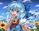  1girl :d bangs blue_bow blue_dress blue_eyes blue_hair blue_sky bottle bow bowtie cirno cloud commentary dress fang flower hair_bow highres holding holding_bottle ice ice_wings looking_at_viewer medium_hair open_mouth outdoors pinafore_dress puffy_short_sleeves puffy_sleeves red_bow red_bowtie shirt short_sleeves sky smile solo sunflower sweat tamatetama tanned_cirno touhou upper_body water_bottle white_shirt wings 