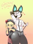  accessory animal_crossing anthro big_breasts big_butt blush bottomwear breasts brown_body brown_fur buckteeth butt carmen_(animal_crossing) clothed clothing digital_media_(artwork) duo ear_piercing ear_ring eyewear female flower flower_in_hair fur geckos_lover glasses hair hair_accessory hi_res human lagomorph leporid looking_at_viewer male male/female mammal nintendo piercing plant rabbit ring_piercing simple_background smile suspenders teeth thick_thighs video_games villager_(animal_crossing) white_body yairo 