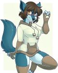  2016 5_fingers amber_eyes anthro biped black_hair blue_body blue_fur border brown_clothing brown_legwear brown_thigh_highs cat_hoodie claws clothed clothing digital_media_(artwork) eyewear female fingers fur glasses grey_background hair hi_res hindpaw hoodie legwear looking_at_viewer mammal on_one_leg outside_border paws red_eyewear red_glasses shaded simple_background solo standing thigh_highs toe_claws topwear white_border zyira 