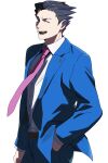  1boy ace_attorney belt black_hair blue_eyes blue_jacket blue_pants collared_shirt formal hand_in_pocket highres jacket long_sleeves looking_at_viewer male_focus necktie one_eye_closed open_mouth pants phoenix_wright pink_necktie roku_(bb8800xx) shirt short_hair simple_background smile solo spiked_hair suit white_background white_shirt 