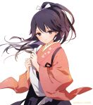  1girl 888myrrh888 black_eyes black_hair black_hakama blush closed_mouth hair_between_eyes hakama highres houshou_(kancolle) houshou_kai_ni_(kancolle) japanese_clothes kantai_collection kimono long_hair long_sleeves pink_kimono ponytail simple_background smile solo twitter_username upper_body white_background wide_sleeves 