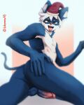  anal anthro balls belly blue_body blue_fur butt digital_drawing_(artwork) digital_media_(artwork) erection fur genitals hi_res ibukemono looking_at_viewer male male/male nipples nude open_mouth penis simple_background smile solo white_belly 