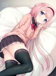  1girl absurdres bangs bed_sheet black_shirt black_skirt black_thighhighs blunt_bangs blush cardigan collared_shirt feet_out_of_frame hairband highres long_hair long_sleeves looking_at_viewer low_twintails lying neck_ribbon nijisanji ochinsama on_bed on_side pink_hair pleated_skirt purple_eyes red_hairband red_ribbon ribbon shirt signature skirt smile solo suo_sango thighhighs twintails twitter_username v virtual_youtuber zettai_ryouiki 