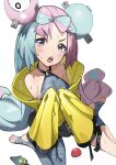  1girl absurdres armpits barefoot bow-shaped_hair character_hair_ornament cyan_yu hair_ornament hexagon_print highres iono_(pokemon) jacket long_hair low-tied_long_hair multicolored_hair oversized_clothes pink_eyes pink_hair pokemon pokemon_(game) pokemon_sv sharp_teeth sleeves_past_fingers sleeves_past_wrists solo teeth twintails two-tone_hair very_long_hair very_long_sleeves x yellow_jacket 