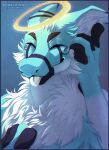  2022 anthro artist_name blep blue_body blue_fur bust_portrait cheek_tuft chest_tuft claws closed_smile dated dragon ears_back eyes_closed facial_tuft front_view fur furred_dragon happy hi_res inner_ear_fluff male mouth_closed nude pivoted_ears portrait santanahoffman simple_background solo tongue tongue_out tuft white_body white_claws white_fur white_inner_ear_fluff white_tongue 
