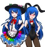  1girl :d absurdres animal_ears black_headwear black_leotard black_pantyhose blue_hair blue_skirt blush bow bowtie breasts center_frills cleavage collared_shirt detached_collar food frills fruit groin hands_on_hips highres hinanawi_tenshi leaf leotard long_hair looking_at_viewer multiple_views open_mouth pantyhose peach playboy_bunny rabbit_ears rainbow_order red_bow red_bowtie red_eyes shirt simple_background skirt smile touhou white_background white_shirt zawapirori 