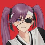  1girl absurdres artist_request bandages bangs black_ribbon bleach eyepatch hair_between_eyes haori highres japanese_clothes long_hair long_sleeves looking_at_viewer purple_eyes purple_hair ribbon saitou_furoufushi shinigami simple_background smile solo teeth twintails 