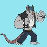  2022 anthro blue_background bottomwear brok_the_investigator clothing dadotronic grey_body hi_res humanoid_hands male mammal murid murine pants rat rodent simple_background solo squealers_chief video_games 