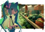  1girl :/ absurdres aqua_eyes aqua_hair backlighting bangs bare_arms bare_shoulders black_necktie blurry blurry_background border cabbage chromatic_aberration closed_mouth depth_of_field expressionless food from_side glitch groceries hair_between_eyes hair_ornament hand_up hatsune_miku highres lettuce long_hair looking_at_viewer looking_to_the_side market muted_color necktie outside_border photo_background scenery shade shopping shopping_basket sidelocks sleeveless solo spring_onion sunlight teru64 twintails upper_body vegetable very_long_hair vocaloid white_border wing_collar 