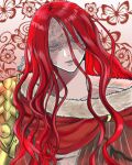  1girl artist_request blind cape closed_mouth dress elden_ring long_hair malenia_blade_of_miquella mechanical_arms prosthesis prosthetic_arm red_cape red_hair scar simple_background single_mechanical_arm solo very_long_hair 