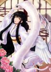  1girl absurdres bird black_eyes black_hair crane_(animal) feathered_wings feathers flower highres japanese_clothes kimono kuroa_(kuroan) long_hair obi open_mouth pink_flower sash scroll silhouette solo tsuru_no_ongaeshi white_kimono white_wings wings 