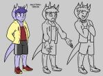  anthro ceratopsian clothed clothing crossgender dinosaur english_text facial_horn goodbye_volcano_high hair horn machacapigeon male multiple_poses ornithischian pose purple_body purple_eyes purple_hair reptile scalie simple_background snoot_game_(fan_game) solo text triceratops trish_(gvh) video_games white_background 