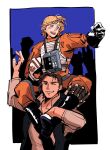  2boys absurdres black_footwear black_gloves blonde_hair blue_eyes blush boots brown_hair gloves han_solo helmet highres luke_skywalker multiple_boys obliviate731 one_eye_closed open_mouth pilot_suit star_wars star_wars:_a_new_hope teeth 