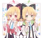  2girls :d absurdres animal_ear_headphones animal_ears ayanepuna bangs black_skirt blonde_hair blue_archive blue_necktie blush bow closed_mouth collared_shirt commentary double_v english_commentary fake_animal_ears green_bow green_eyes hair_bow halo hands_up headphones highres jacket long_sleeves midori_(blue_archive) momoi_(blue_archive) multiple_girls necktie open_clothes open_jacket pleated_skirt red_bow red_eyes shirt siblings sidelocks sisters skirt smile twins v white_background white_jacket white_shirt wide_sleeves 