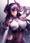  1girl arm_up bangs bare_shoulders blush breasts closed_mouth commentary_request covered_navel crossed_bangs detached_sleeves goddess_of_victory:_nikke gradient gradient_background grey_background hand_in_own_hair harran_(nikke) horns kangaruu_(momotk1109) large_breasts long_hair long_sleeves looking_at_viewer purple_eyes smile solo 