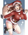  1girl belt blue_eyes blush breasts brown_hair christmas claire_redfield dangerousbride fur_trim gift gloves hat highres large_breasts long_hair looking_at_viewer resident_evil resident_evil_2 resident_evil_2_(remake) sack santa_costume santa_hat simple_background smile solo 
