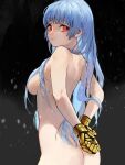 1girl arms_behind_back ass back blue_hair breasts completely_nude from_side gloves highres kula_diamond long_hair looking_at_viewer medium_breasts nude oni_gini red_eyes sideboob smile solo the_king_of_fighters 