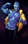  1girl abs alien asari biceps blue_skin clenched_hand closed_eyes colored_skin facepaint flexing highres jacket jan_rockitnik mass_effect_(series) muscular muscular_female open_clothes open_jacket panties solo topless track_suit underwear veins veiny_arms white_panties 