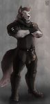  anthro big_bulge black_body black_fur black_nose boots bulge canid canine canis chaps clothing crossed_arms footwear fur gloves grey_body grey_fur handwear hi_res jockstrap kirlanlion leather_straps looking_at_viewer male mammal solo underwear wolf 