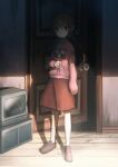  1girl absurdres bangs braid brown_hair closed_mouth full_body highres indoors kareido_(kaleidoscope) long_hair long_sleeves madotsuki open_door pink_sweater red_footwear red_skirt shoes skirt socks solo standing sweater television turtleneck twin_braids white_socks yume_nikki 