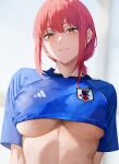  92_brks adidas braid braided_ponytail breasts chainsaw_man highres jersey makima_(chainsaw_man) orange_eyes red_hair sidelocks smile soccer_uniform sportswear underboob 