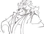  anthro asian_clothing canid canine clothing east_asian_clothing exe_exem goemon_(tas) hair japanese_clothing kimono lifewonders long_hair looking_at_viewer male mammal overweight ponytail raccoon_dog sketch smile solo tanuki tokyo_afterschool_summoners video_games 