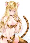  1girl animal_ear_fluff animal_ears animal_print bangs bare_shoulders bikini blonde_hair breasts brown_bikini brown_eyes brown_gloves brown_thighhighs cleavage closed_mouth commentary_request gloves hair_between_eyes hand_up highres long_hair looking_at_viewer medium_breasts nanase_nao navel original print_bikini print_gloves print_legwear print_thighhighs simple_background smile solo swimsuit tail thighhighs tiger_ears tiger_girl tiger_print tiger_tail very_long_hair white_background 