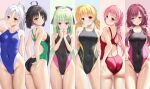  6+girls absurdres adjusting_clothes adjusting_swimsuit ahoge aqua_eyes arm_behind_back arm_behind_head ass ass_visible_through_thighs back bangs bare_shoulders belly black_hair blonde_hair blue_eyes blush breasts cameltoe embarrassed flower green_eyes green_hair hair_between_eyes hair_flower hair_ornament hand_on_hip hand_on_own_ass hand_on_own_chest head_tilt highres hime_cut hitachi_mako kurama_koharu large_breasts lena_liechtenauer long_hair looking_at_viewer looking_to_the_side maniwa_roka medium_breasts mole mole_under_eye multiple_girls murasame_(senren) navel ncontrail_(mgax7527) one-piece_swimsuit open_mouth own_hands_together pink_hair ponytail purple_eyes red_eyes red_hair senren_banka short_hair simple_background skin_tight small_breasts standing swimsuit thigh_gap thighs tomotake_yoshino twintails very_long_hair water_drop white_hair yellow_eyes 