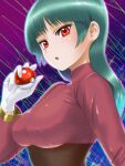  1girl alakazam bangs blue_background blue_hair blunt_bangs bodystocking bodysuit bodysuit_under_clothes breasts dark_blue_hair hadairo_rainbow highres hime_cut holding holding_poke_ball jacket large_breasts long_hair long_sleeves multicolored_background poke_ball poke_ball_(basic) pokemon pokemon_(creature) pokemon_(game) pokemon_frlg purple_background red_eyes red_jacket sabrina_(pokemon) turtleneck turtleneck_jacket upper_body 