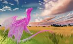  ambiguous_gender cloud detailed_background digital_media_(artwork) dragon feral grass hair horn membrane_(anatomy) membranous_wings mordorinka mountain outside pink_body plant purple_body scales scalie sitting solo western_dragon wings 