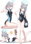  1girl 1other animal_ear_fluff animal_ears bag bangs barefoot black_one-piece_swimsuit blue_archive blue_eyes breasts chicke_iii competition_swimsuit covered_navel cross_hair_ornament extra_ears feet grey_hair hair_ornament halo highres lotion low_ponytail lying medium_breasts medium_hair mismatched_pupils multicolored_clothes multicolored_swimsuit multiple_views on_stomach one-piece_swimsuit revision seiza shiroko_(blue_archive) shiroko_(swimsuit)_(blue_archive) simple_background sitting soles standing sunscreen swimsuit toes white_background 