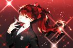  1girl bangs buttons eye_mask hair_ribbon highres looking_at_viewer lor_(roasyerizyonirapi) mask persona persona_5 persona_5_the_royal ponytail red_background red_button red_eyes red_hair ribbon school_uniform shuujin_academy_uniform sparkle sparkle_background yoshizawa_kasumi 