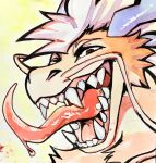  ambiguous_gender anthro big_fangs blue_horn bodily_fluids brown_eyes cheek_tuft dragon dripping facial_tuft famir_(artist) fur furred_dragon hair horn long_tongue looking_at_viewer messy_hair narrowed_eyes nude orange_body orange_fur red_tongue saliva saliva_drip short_hair shoulder_tuft simple_background solo tongue tongue_out traditional_media_(artwork) tuft unsigned white_hair 