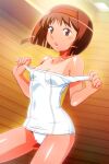  1girl areola_slip bangs blush_stickers breasts brown_eyes brown_hair feet_out_of_frame hairband indoors kayama_tamami non-web_source official_art one-piece_swimsuit one-piece_tan open_mouth photoshop_(medium) school_swimsuit shiny shiny_skin short_hair small_breasts solo super_real_mahjong swimsuit tan tanaka_ryou tanlines white_one-piece_swimsuit 