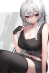  1girl bangs black_shirt black_shorts black_tank_top black_thighhighs breasts character_request cleavage closed_mouth clothes_pull collarbone copyright_request daifukumochi_(akaaokiiwo) dolphin_shorts grey_hair gun hair_between_eyes hair_ornament hair_over_breasts hairclip highres large_breasts light_blush long_hair looking_at_viewer midriff navel red_eyes rifle shiny shiny_skin shirt shirt_pull shorts simple_background sniper_rifle solo sweat tank_top thighhighs very_long_hair weapon white_background 