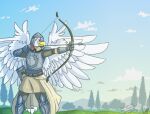  2020 5_fingers anthro archer armor arrow_(weapon) avian back_wings beak bird blue_sky bow_(weapon) breastplate brown_belt clothing cloud detailed_background feathers fingers gauntlets gloves gradient_sky grass grey_eyes hair handwear headgear helmet hill holding_bow_(weapon) male narrowed_eyes one_eye_obstructed pauldron plant quiver ranged_weapon red_clothing sammfeatblueheart shaded signature sky smile solo sunrise tail_feathers tan_clothing tree weapon white_hair wing_tuft yellow_beak 