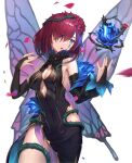  1girl absurdres alaskastomatoez bare_shoulders black_dress black_gloves blue_eyes breasts bridal_gauntlets butterfly_wings cleavage cleavage_cutout clothing_cutout covered_navel dress elbow_gloves english_commentary facial_mark fairy fairy_wings fire_emblem fire_emblem_heroes gloves hair_over_one_eye hair_vines highres medium_breasts petals purple_hair short_hair simple_background sleeveless sleeveless_dress solo triandra_(fire_emblem) white_background wings 