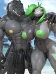  3d_(artwork) abs absurd_res alligator alligatorid anthro areola balls big_areola big_breasts big_penis breasts cetacean crocodilian danzer_(reptilligator) dauna_(reptilligator) delphinoid digital_media_(artwork) dragon duo female fish genitals green_hair hair hi_res hybrid male male/female mammal marine muscular muscular_female muscular_male nipples nude pecs penis reptile reptilligator scalie shark teeth toothed_whale vein 