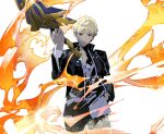  1boy black_jacket black_pants blonde_hair cofffee contemporary fate_(series) fire gilgamesh_(fate) hand_in_pocket holding holding_sword holding_weapon jacket male_focus pants red_eyes short_hair smile solo sword weapon white_background 