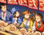  2boys 2girls ace_attorney antenna_hair apollo_justice ascot athena_cykes black_hair blue_eyes blue_necktie brown_eyes brown_hair chopsticks egg_(food) food hat hi-fi_(fijazzy) multiple_boys multiple_girls necktie noodles orange_hair phoenix_wright ramen red_ascot red_necktie red_vest sitting spiked_hair table top_hat trucy_wright vest 