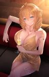  1girl absurdres ahoge alternate_costume azur_lane bangs bare_shoulders blonde_hair blue_eyes breasts chicago_(azur_lane) cleavage collarbone commentary couch crossed_legs cup dated_commentary drill_hair drinking_glass feet_out_of_frame gold_dress highres holding holding_cup huge_breasts leg_tattoo looking_at_viewer medium_hair misa_pika on_couch open_mouth parted_lips simple_background sitting smile solo tattoo thighs wine_glass 