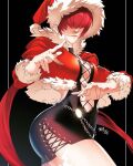  1girl alternate_costume belt black_background black_dress breasts center_opening christmas cleavage covered_eyes cropped_jacket dress english_commentary fighting_stance fingernails fur_trim hair_over_eyes hat highres jacket lace-up large_breasts lips long_hair loose_belt metalhanzo microdress no_bra red_hair red_headwear red_jacket santa_hat shermie_(kof) solo split_ponytail the_king_of_fighters the_king_of_fighters_xv 