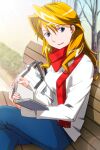  1girl bangs blonde_hair blue_eyes book christine_garland crossed_legs day holding holding_book long_hair long_sleeves looking_at_viewer non-web_source official_art on_bench open_book outdoors photoshop_(medium) red_scarf scarf sitting solo super_real_mahjong tanaka_ryou 