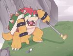  2022 anthro bowser claws cloud day golf golf_club grass hair hi_res horn koopa lewkiss40 male mario_bros nintendo open_mouth plant red_hair rock scalie signature teeth video_games 