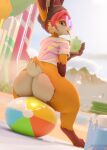  3d_(artwork) absurd_res ball basedvulpine_(character) beach beach_ball beverage big_butt blender_(software) butt butt_focus clothed clothing digital_media_(artwork) eyewear female glasses hair hi_res hobkin inflatable looking_at_viewer partially_clothed partially_clothed_female red_hair scut_tail seaside seductive shirt short_tail sitting sitting_on_ball small_tail solo straw thick_thighs tongue tongue_out topwear vrchat zushou 