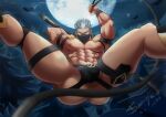  1boy abs armband armpits ass bara biceps bulge cable covering_mouth forest green_eyes grey_hair gyee highres huge_ass huzee_tiger jockstrap large_pectorals leather leather_belt looking_at_viewer male_focus male_underwear manboobs manly mask mature_male miles_(gyee) moon mouth_mask muscular muscular_male nature night night_sky nipples outdoors pectorals short_hair sky solo spiked_hair spread_legs thick_arms thick_eyebrows thick_thighs thighs underwear 