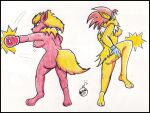  anthro blonde_hair boxing_gloves breasts butt clothing duo eeveelution female fighters fighting_pose flareon fur generation_1_pokemon genitals hair handwear jolteon motion_lines nintendo nude pokemon pokemon_(species) pokemorph pose pussy red_hair reddragonkan traditional_media_(artwork) video_games 