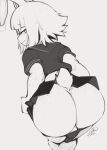  2022 animal_humanoid balls bulge butt clothed clothing crossdressing genital_outline genitals girly greyscale hair hatsumiilkshake hi_res humanoid lagomorph lagomorph_humanoid leporid_humanoid looking_back male mammal mammal_humanoid monochrome panties penis_outline rabbit_humanoid simple_background smile solo underwear 