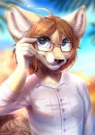  absurd_res anthro artist_name big_eyes black_nose bloominglynx blue_eyes blue_sky blurred_background brown_hair canid canine clothed clothing female fennec flat_chested fox fur glistening glistening_eyes glistening_nose hair half-length_portrait hi_res looking_at_viewer mammal palm_tree plant portrait sky smile solo square_glasses tan_body tan_fur teeth topwear tree white_clothing white_topwear 